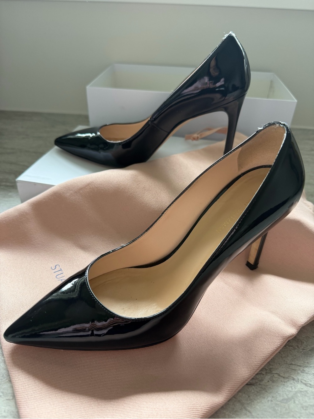 Stuart Weitzman Black Patent Pointed-Toe Pumps